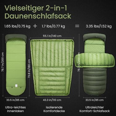 ATEPA 3-Season Down Sleeping Bag - Recyclable 650FP, Lightweight with Removable Blanket - Adult Quilting Sleeping Bag for Backpacking & Hiking (Pro Green, ThermaExtreme Pro Max)