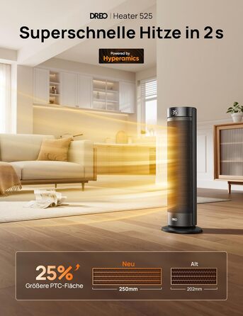 Електричний обігрівач Dreo 23 дюйми (58 см) – 2000W, тихий, з пультом, таймером, осциляцією, 5 режимів, PTC кераміка, термостат, для великих приміщень, офісу (чорний)