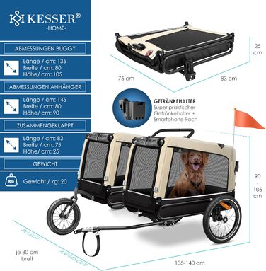 KESSER® Візок для собак Боксер 3-в-1: візок, буксир для велосипеда та лежак. Великий об'єм 240 літрів, амортизація, поворотне переднє колесо 360°, матеріал 600D Oxford Canvas, SmartSpace, вантажопідйомність 40 кг, зелений