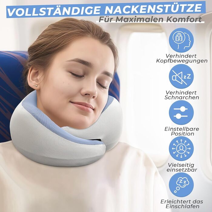 Memory Foam Travel Pillow with Storage Box - Orthopedic Neck Pillow for Airplane, Car, Train - Bluegray Ice Silk