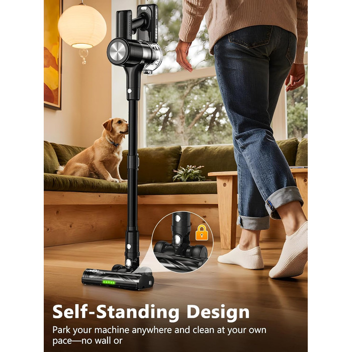 Бездротовий акумуляторний пилосос 48KPa/500W/55хв з док-станцією, LED-дисплеєм та антизаплутаною насадкою для тварин, килимів, твердих поверхонь та авто, глибокий чорний колір