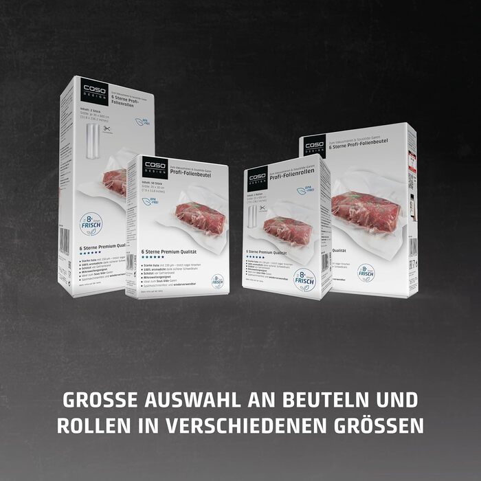 CASO Profi Zipper Bag Set 5 / 40 pcs 16x23 cm, 40 pcs 20x30 cm, 20 pcs 30x40 cm 150µm, for vacuum sealers / heat sealers, BPA-free, very strong, tear-resistant, cookable, Transparent