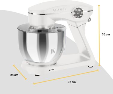 KLAMER 1800W Stand Mixer - Stainless Steel Bowl 6L, 10 Speed Settings, Timer, Planetary Mixing, Dough Hook, Whisk & Beater - White