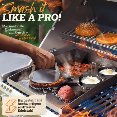 Набір для приготування Smash Burger XXL [9 предметів] з нержавіючої сталі з дерев'яними ручками для Plancha, гриль-плити, газового гриля та вогняної чаші | 1x прес для бургера, 2x формочки для бургера, 1x шпатель для гриля, 1x лопатка для гриля та інше | 