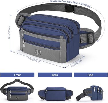 Чоловіча/жіноча поясна сумка на пояс з 7 кишенями на блискавці для спорту, фітнесу, бігу, велоспорту, подорожей та кемпінгу, блакитна