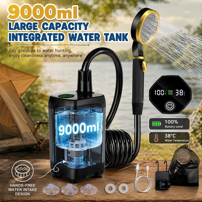 Портативний душ для кемпінгу з насосом та акумулятором 9000mAh Campingdusche - мобільний душ для подорожей, пляжу, ванлайфу