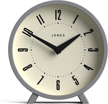 JONES CLOCKS® Desk Clock 'Venus' – modern round design in gray, stylish retro look for shelves, tables, mantels, or bedside tables