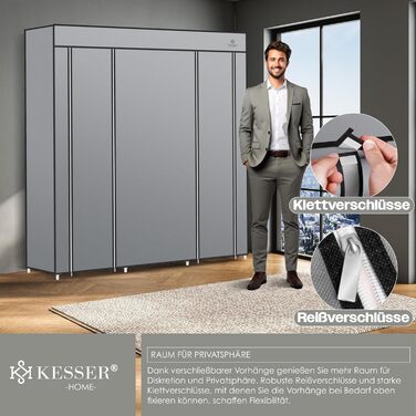 KESSER® Wardrobe Clothes Closet Stable with Clothes Rail & Shelves, Incl. 5x Clothes Hangers, Fabric Folding Closet for Bedroom, Dressing Room Wardrobe with Clothes Rack 150x45x175cm (Grey)