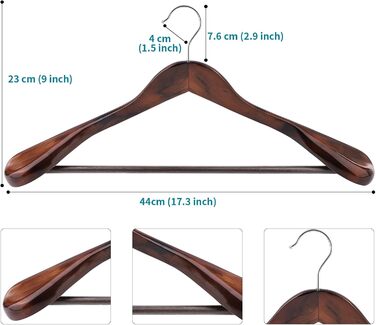 Wooden Clothes Hangers, 6-Piece Suit Hangers, 360° Swivel Hook, for Jackets, Shirts, Suits, Coats, 44 x 5.5 x 23 cm (L x W x H), Dark Walnut AWY0406H