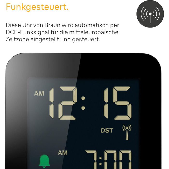 Braun Digital Radio Alarm Clock Central European Time (CET) with Snooze Function, Negative LC Display, Quick Set Function, Crescendo Alarm in Black, Model BC09B-DCF.
