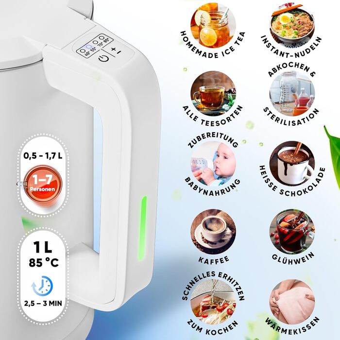 Stillstern Kettle with Temperature Setting [1.7L | 40-55-70-85-100°C], 12 Hour Keep Warm, Precision Stainless Steel Spout, Anti-Fingerprint, Fast Heating [2200W], Quiet, Stable Base (White)