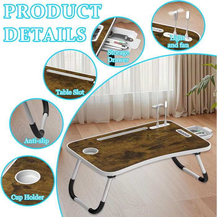 Столик для ноутбука Soontrans з ящиком, тримачем для напоїв та планшета, світлом та вентилятором, 60x40x28 см