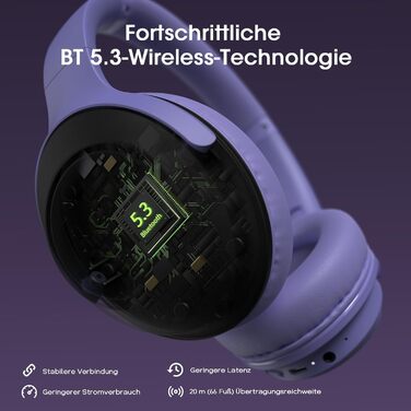 Бездротові навушники DOQAUS Bluetooth з довгим терміном служби (70 годин), Over-Ear, Bluetooth 5.4, з кабелем, 3 режими EQ, Hi-Fi стерео для подорожей/телефону/ПК (фіолетові)