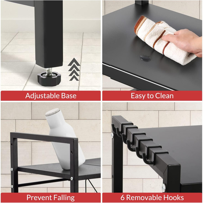 Підставка для мікрохвильової печі Todeco, 3-рівнева, регульована, з 6 гачками, чорна, до 25 кг, 36-60 x 36 x 44 см