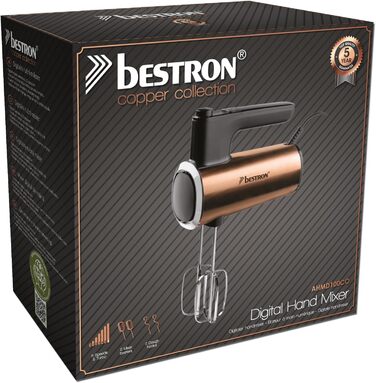 Міксер ручний Bestron Power з 6 рівнями потужності, Turbo-функцією та LCD-дисплеєм. В комплекті: 2 вінчики та 2 гаки для тіста. Легкий (1 кг), колір: мідний