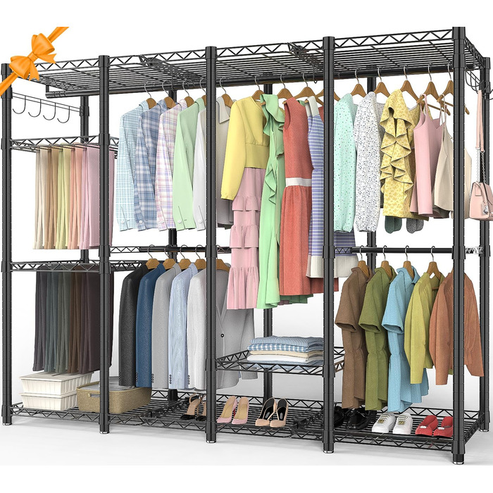 Відкритий шафа-система AQRA: зручний шафа-організатор з 9 полицями та 5 штангами для одягу, стійка для одягу з місткою конструкцією (193.5x43.5x195 см)