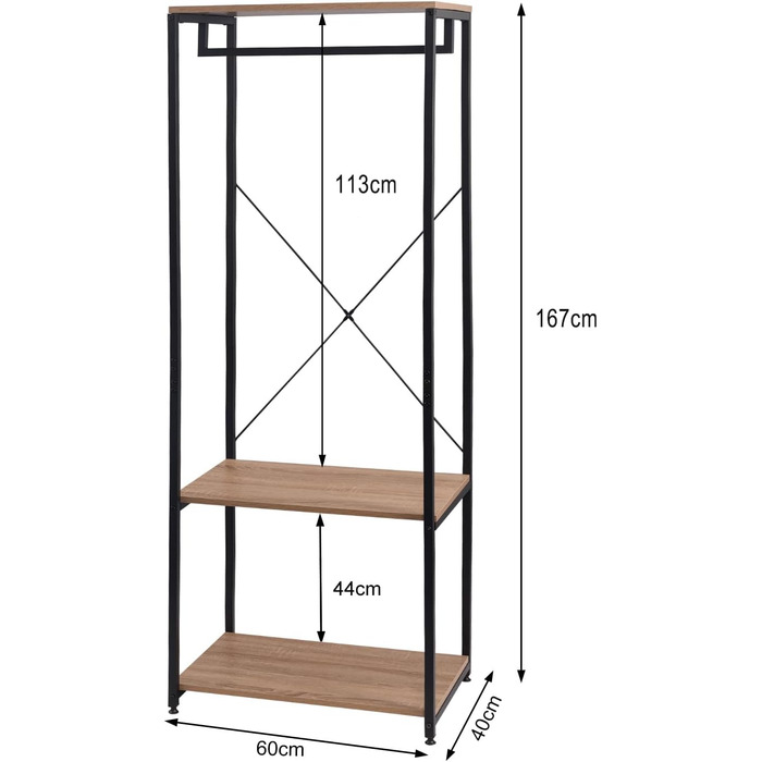 WOLTU Clothes Rack Hanging Shelf Clothes Rail with Shoe Shelf for Bedroom Wardrobe Stand, Metal and Wood, Black + Light Oak, approx. 60 x 40 x 167 cm