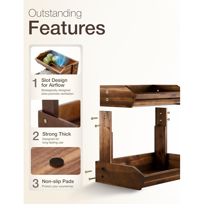 Двоярусна фруктова корзина HOLANA з дерева горіха для кухонного столу - органайзер для фруктів, овочів та закусок