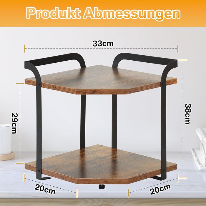 Corner shelf for kitchen with 2 tiers, spice rack wood, kitchen shelf, kitchen organizer, corner shelf for kitchen countertop, shelf for kitchen countertop, small shelf for kitchen, living room, office, 30 x 30 x 32cm