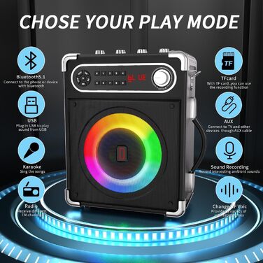 Караоке-система з 2 бездротовими мікрофонами, Bluetooth 5.3, LED-підсвітка, регулятор басів/високих, пульт ДК, FM/AUX/USB/TF, чорний