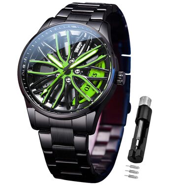Чоловічий годинник OLEVS 9937 Кварцовий зі спортивним дизайном (диск колеса), сталь, водонепроникний, підсвічування, зелений
