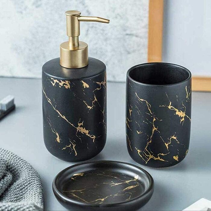 Набір аксесуарів для ванної кімнати FülleMore з кераміки, люкс, мармурова текстура, 3 шт. (дозатор для мила, мильниця, стаканчик для зубної пасти, чорний)