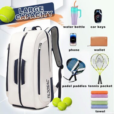 Tennis Padel Pickleball Bag - Large Sports Bag with Shoe Compartment, Laptop Sleeve & Ball Sleeve - White/Blue