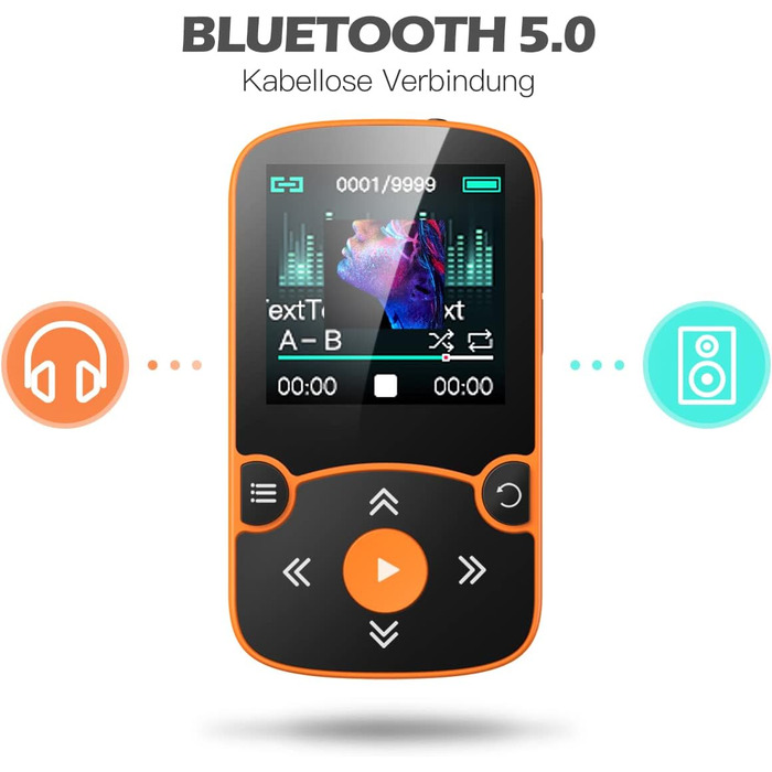 MP3 плеєр AGPTEK Bluetooth 5.0 32GB Orange - кліпса, TFT екран, підтримка TF карти до 128GB