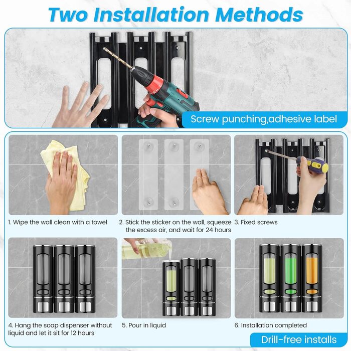 Дозатор для мила Qudubuy, 400 мл, 3 відсіки, настінний, для душу, шампуню, кондиціонера, без свердління, для ванної та кухні, велика місткість
