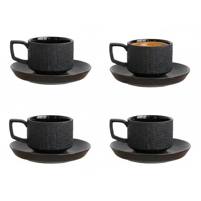 Набір з 4 чашки для еспресо Saumo з підставками, кераміка, 100 мл, чорний колір, сучасний дизайн. Ідеально для еспресо та кавових напоїв вдома, в офісі та на особливих заходах.