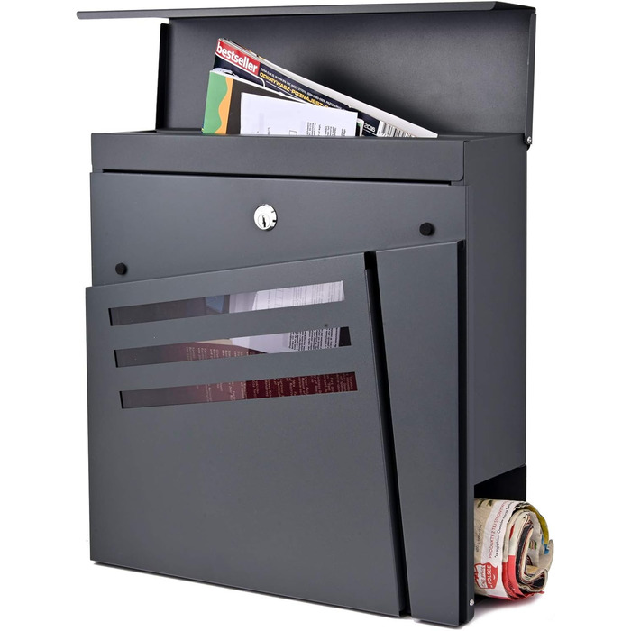 Поштовий ящик Verda з газетницею, нержавіюча сталь, антрацит, 37x37x11 см - сучасний вуличний поштовий ящик з ключем та оглядовим вікном