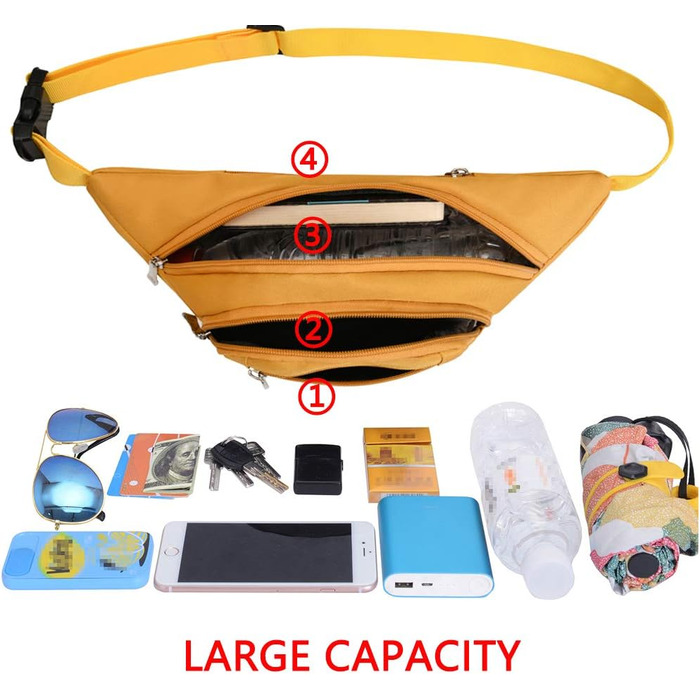 Водонепроникна поясна сумка на пояс, 3 кишені на блискавці для чоловіків та жінок, для піших прогулянок, туризму, спорту, подорожей, гаманець (Жовтий)