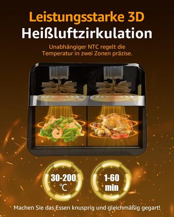 Фритюрниця повітряна Jacgood з 2 кошиками, 1800W, 9L, цифрове керування, 8 меню, з прозорим вікном