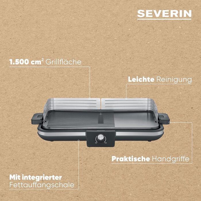 Настільний електрогриль SEVERIN Plancha 2300 Вт, антипригарна комбінована поверхня (гладка і рифлена), на 8 осіб, чорний RG 8564