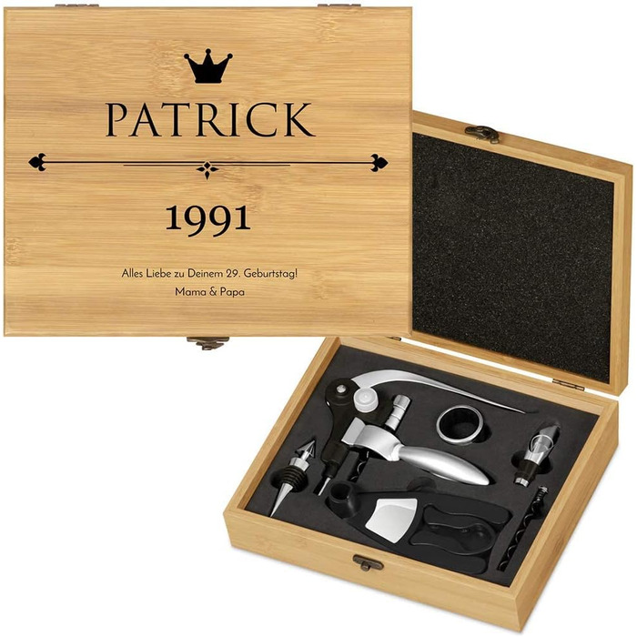Maverton Wine Opener Set Personalized Wine Set Sommelier Set - Gift Box Wooden Box + 6-Piece Wine Accessory Set - Made of Bamboo - Brown - Birthday Gift for Men - (King)