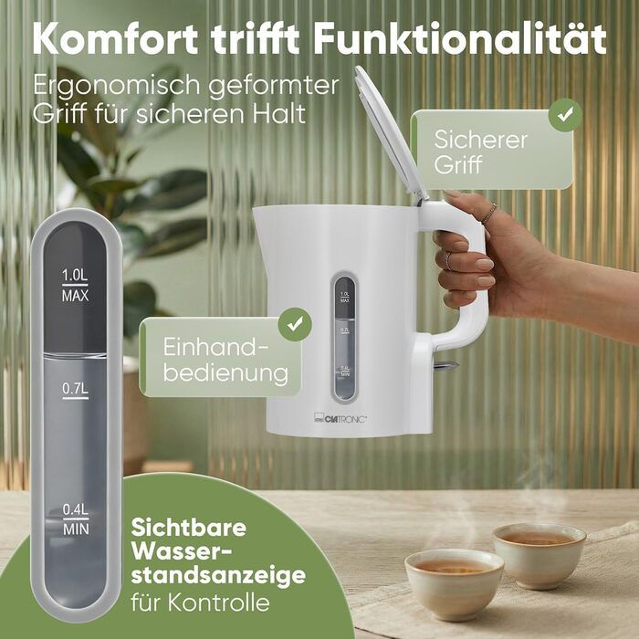 Електричний чайник Clatronic WK 3834 білий: 1л, 900W, BPA Free, захист від перегріву