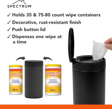 Spectrum Diversified Dekorative Wet Wipe Dispenser, Refillable Wet Wipe Holder for Household Cleaning, Stylish Cleaning Cloth Holder, Alloy Steel, Black, 1 Count (Pack of 1)