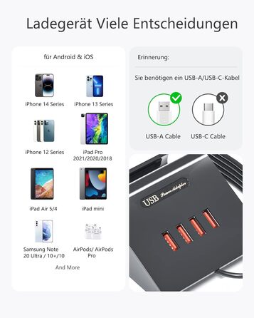 Багатопортова USB зарядка POANES 25W, 4 порти для iPhone, Samsung, LG, Huawei та інших (чорний)