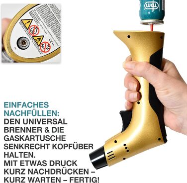 Набір кулінарного пальника TOM Jetflame (Золотий) з балоном бутану: професійний газовий пальник з замком безпеки для кухні, кемпінгу та майстерні, багаторазовий