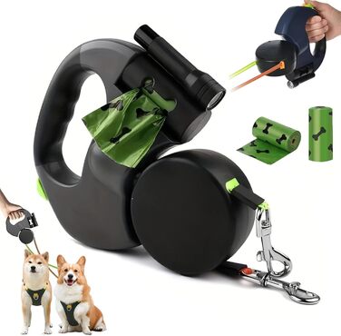 Висувна поводок для собак, 3 метри з LED-підсвіткою, подвійний поводок для 2 собак, обертання на 360°, без перекручування, з пакетами для вигулу, для собак до 50 кг, для тренувань та прогулянок (Чорний)