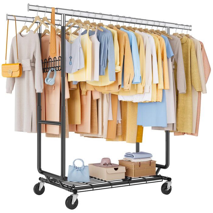 Стійка для одягу на колесах FAVOOOSTY, металева, мобільна, до 200 кг, чорна, 2 стяжки