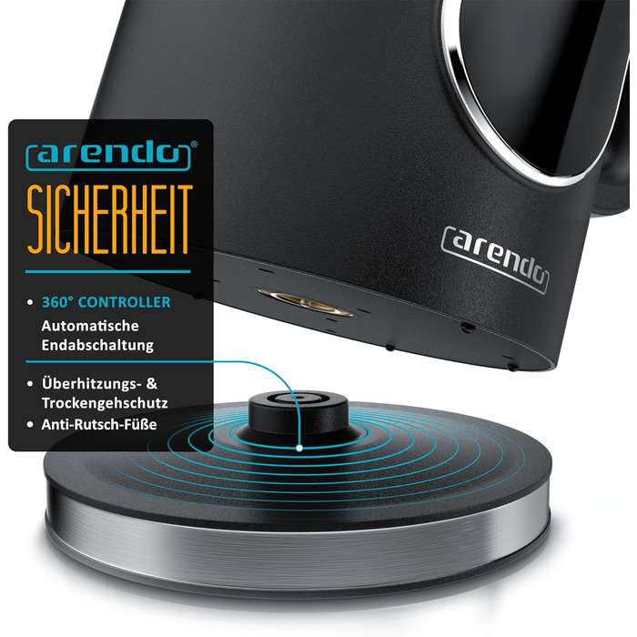 Електричний чайник Arendo з регулюванням температури, нержавіюча сталь, подвійні стінки Cool Touch, дисплей, бездротовий, 2200 Вт, 1.7л, захист від перегріву, функція підтримання тепла, чорний