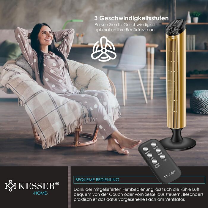 Турбо-вентилятор KESSER® з пультом керування, 90° осциляція, 3 швидкості, 90 см, таймер, золотий | Колонний вентилятор