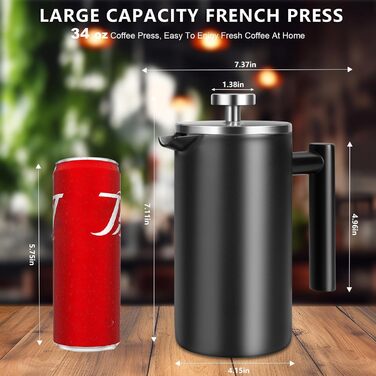 French Press Coffee Maker, 100 ml, large, insulated, robust premium stainless steel, 4-6 cup capacity, coffee press, French press plunger, teapot, black