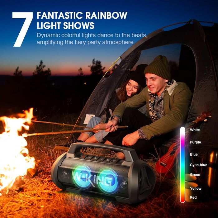 W-KING Bluetooth Колонка 120W з підсиленням басів 70W, чорна. Портативна колонка для вечірок, кемпінгу, пляжу, саду. BT 5.4, IPX6, до 42 годин, RGB підсвітка, стерео-з'єднання, DSP/EQ.