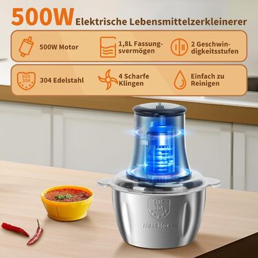 Електричний подрібнювач Aigostar Flor 500W з нержавіючою чашею 1.8L та 4-ма лезами, 2 швидкості для м'яса, овочів та горіхів