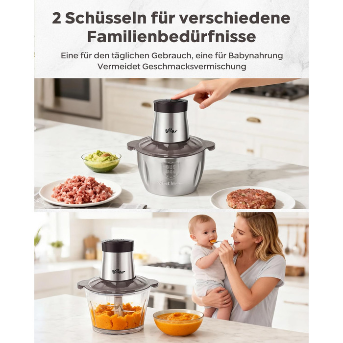 Електричний подрібнювач Bear 2L+1.8L з м'ясоподрібником, 600W, 2 швидкості, 4 леза з нержавіючої сталі, скляна ємність для м'яса, дитячого харчування, фруктів та овочів