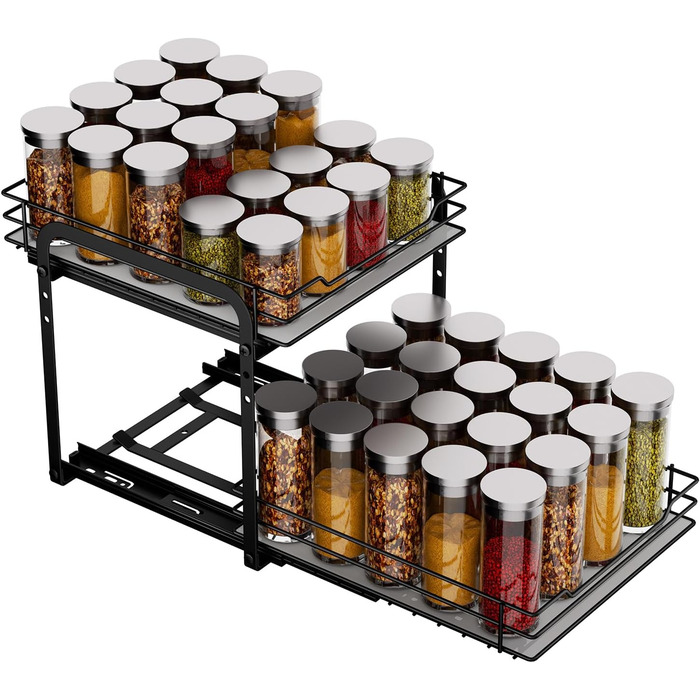 Pull-out Spice Rack, Cabinet Organizer for Kitchen, 2-Tier Spice Storage, Upper and lower baskets can be pulled out independently, Height adjustable for most kitchen cabinets