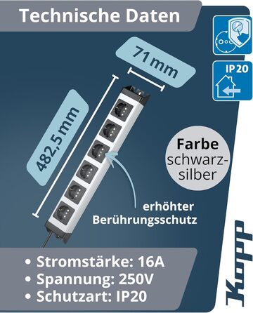 Розподільник розеток Kopp POWERversal сірий/чорний, 6 розеток, 1.4м, з заземленням
