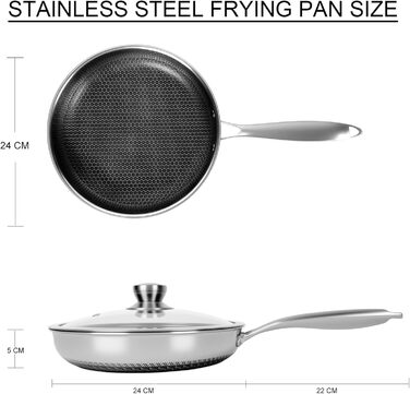 Сковорода з антипригарним покриттям 24 см з кришкою, нержавіюча сталь, безпечна для здоров'я, сумісна з усіма плитами, посуд без PFOA, срібна